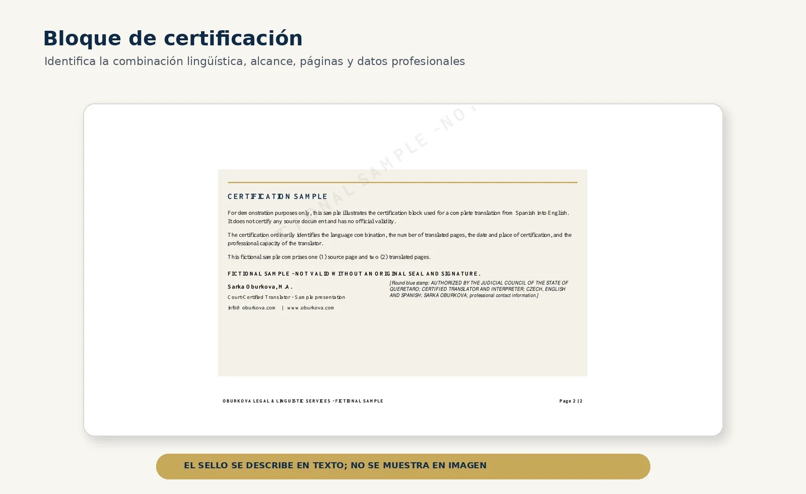 Bloque ficticio de certificación de una traducción del español al inglés