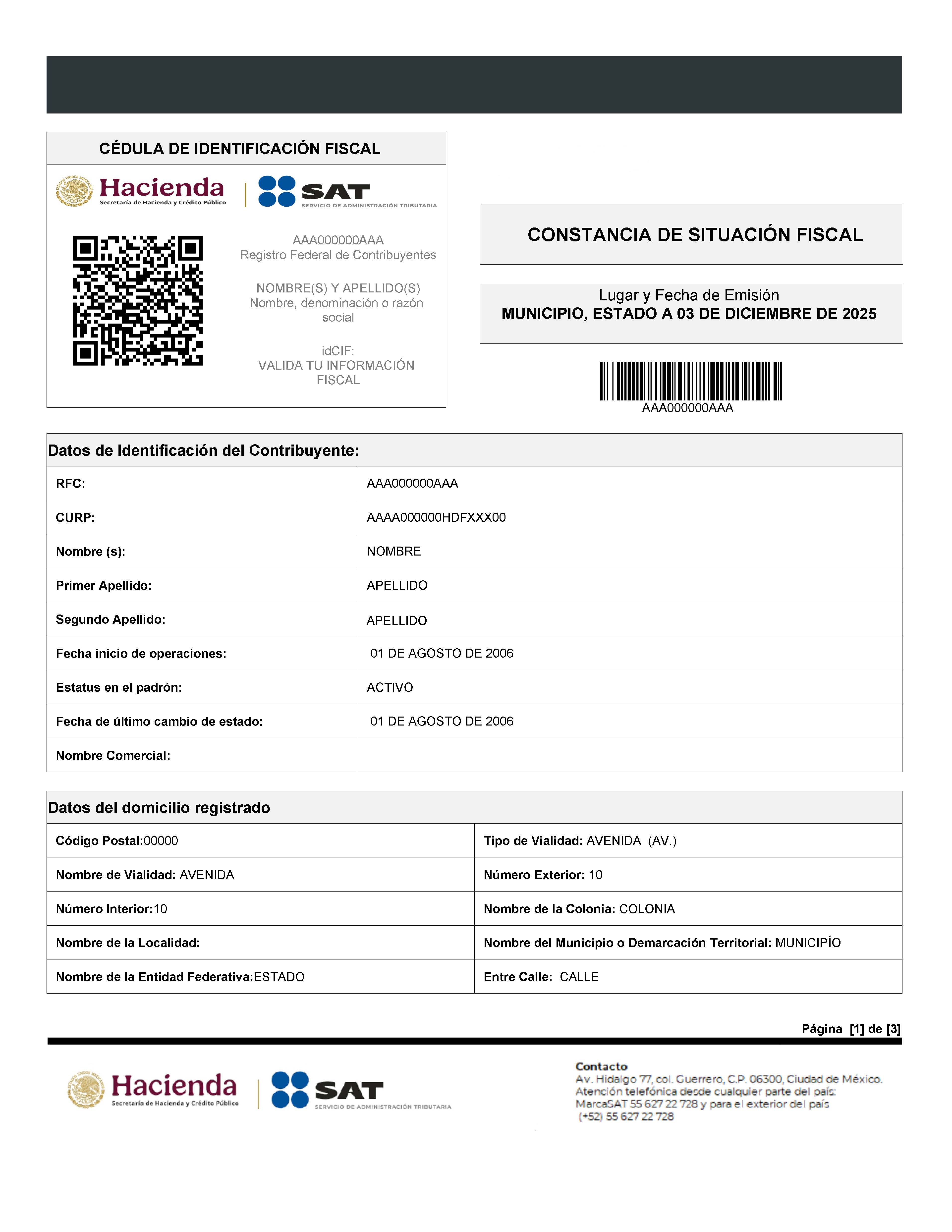 Muestra PDF: constancia de situación fiscal (documento de trámite)